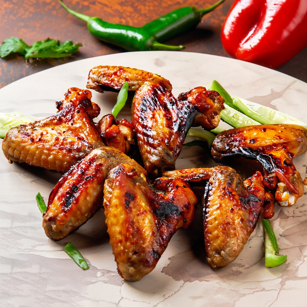 Firefly 6 pieces grilled chicken wings with garnish and peppers 62000